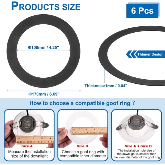 MINSUI-Goof Rings for 4" Inch Recessed Can Lighting Down Light, 6 Pcs Metal Goof Trim Rings Cover, Outer Diameter 6.7-inch, Inner Diameter 4.25-inch, Matte Finish BlackFlush Mount