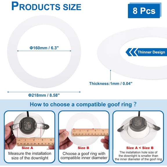 MINSUI-Goof Rings for 6-8" Inch Recessed Can Lighting Down Light, 8 Pcs Metal Goof Trim Rings Cover, Outer Diameter 8.62-inch, Inner Diameter 6.25-inch, Matte Finish WhiteFlush Mount