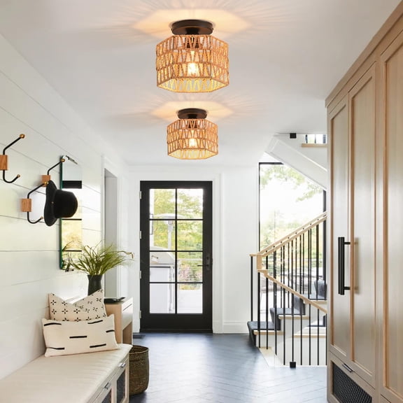 MINSUI-Hand-Woven Rattan Flush Mount Ceiling Light,Farmhouse Light Fixtures Ceiling Mount Boho for Hallway Bedroom Kitchen Entryway Living Room