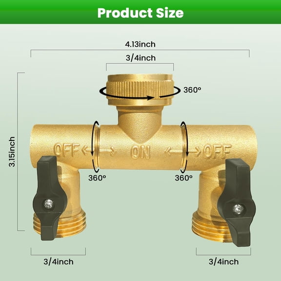 MINSUI-Hose Splitter, 360 Rotatable 2-Way Heavy Duty Brass Y Valve with Ingot-shaped Long Handle, Outdoor Garden Hose Connector, 3/4 Inch GHT Thread
