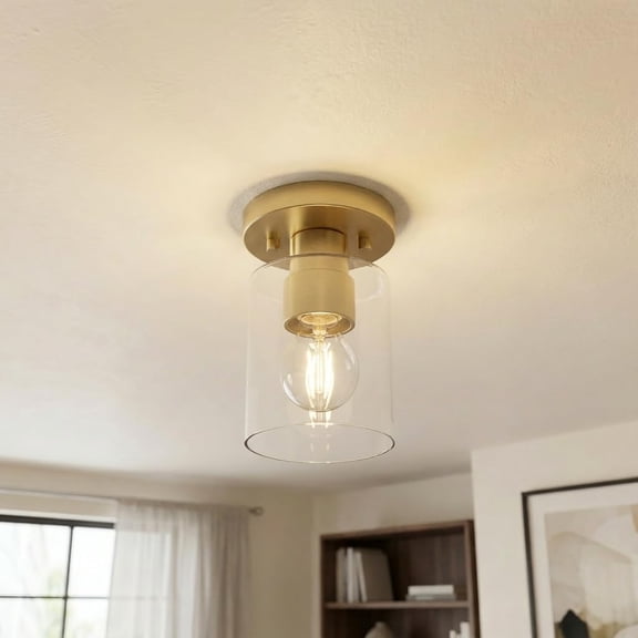 MINSUI-Industrial Semi-Flush Mount Ceiling Light, Cylinder Glass Shade Light Fixture with E26 Base, for Kitchen Island, Hallway, Foyer, Porch, Pantry Room, Laundry Room (Gold)