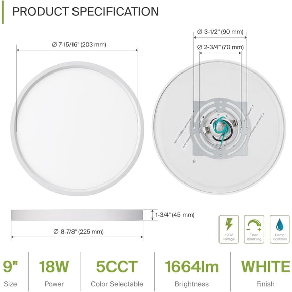 MINSUI-LED 9" Round Flush Mount Ceiling Light Fixture, Low Profile Surface Lighting | 5CCT, Dimmable, Ultra-Thin, ETL Listed | 18W 1660LM 2700-6000K 120V | Kitchen, Bedroom, Hallway Lamp | White