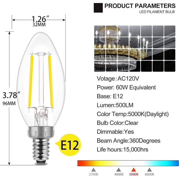 MINSUI-LED Candelabra Light Bulbs B10, Daylight 5000K, E12 Base, 60 Watt Equivalent Chandelier LED Edison Bulbs, Dimmable, 8 Pack