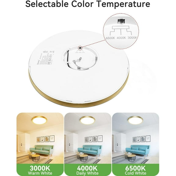 MINSUI-LED Ceiling Light Golden - 12In 28W Aureate Flush Mount Ceiling Light, 3 Color Temperature 3000K/4500K/6000K - 3200lm Gilded Round Flat Light Fixture for Kitchen Bathroom Shower