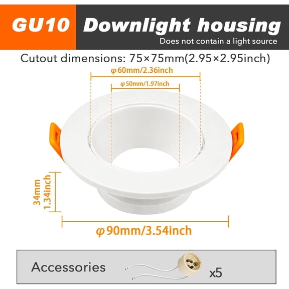 MINSUI-LED Downlight Fixture Housing MR16 Cut Out Spotlight Downlight Holder Spot Light Mounting Frame and Wire Connector Socket Set, Diameter: 3.54inch, 5 Pieces. (White)