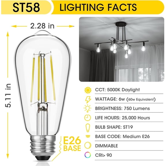 MINSUI-LED Edison Bulbs, 60W Equivalent ST19, Efficient 6W LED, E26 Medium Base Light Bulbs, High Brightness 750 Lumens, 5000K Daylight, Clear, Pack of 4