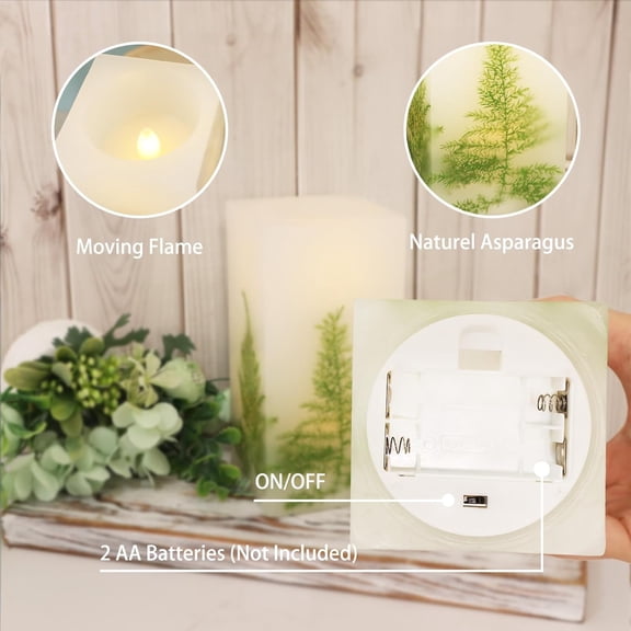 MINSUI-LED Flickering Flameless Real Wax Ivory Square Pillar Candle Artificial Asparagus Fern Battery Operated with Timer 3 x 6 Inch, Home Indoor Decor, 1 Pack