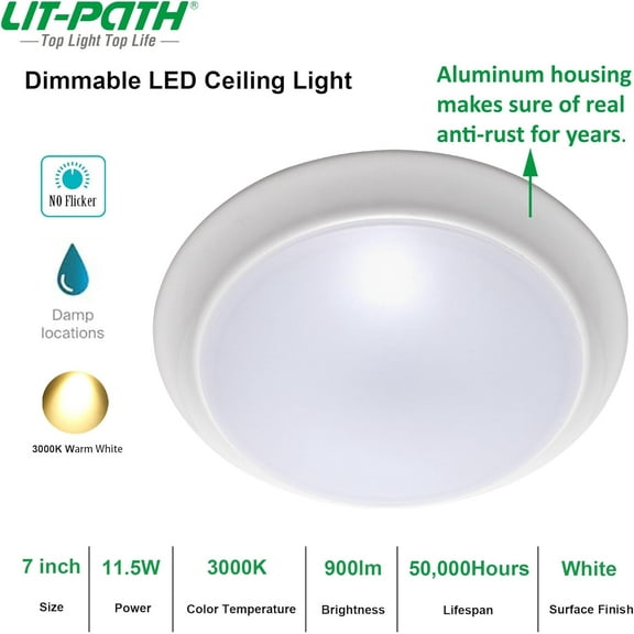 MINSUI-LED Flush Mount Ceiling Lighting Fixture, Dimmable 7 Inch 11.5W 900 Lumen, Aluminum Housing Plus PC Cover, Damp Location Rated for Bathroom, 3000K, 2-Pack