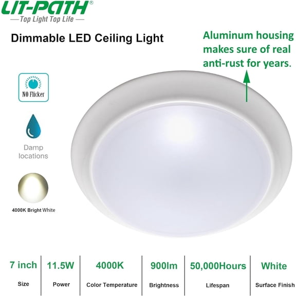MINSUI-LED Flush Mount Ceiling Lighting Fixture, Dimmable 7 Inch 11.5W 900 Lumen, Aluminum Housing Plus PC Cover, Damp Location Rated for Bathroom, 4000K, 1-Pack