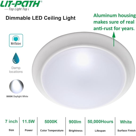 MINSUI-LED Flush Mount Ceiling Lighting Fixture, Dimmable 7 Inch 11.5W 900 Lumen, Aluminum Housing Plus PC Cover, Damp Location Rated for Bathroom, 5000K, 1-Pack