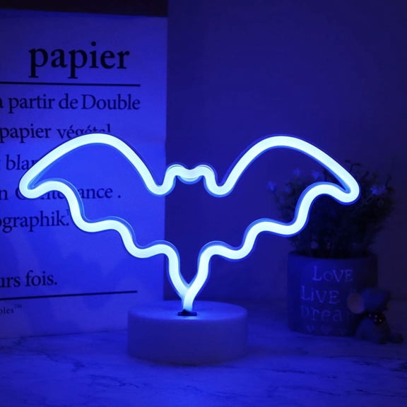MINSUI-LED Neon Bat Lights, Bat Shape Neon Signs Night Lights Battery Operated Desk Table Lamp for Bedroom, Bar, Wall, Halloween Decor-Bat with Holder Base(Blue)