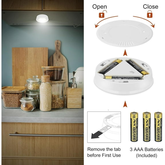 MINSUI-LED Puck Light, Ultra-Thin Touch Lights, Battery Operated, Tap Lights, Stick on, Under Cabinet Lighting, Ideal for Kitchen, Closets, Garage (Included 18 AAA Batteries, 6 Pack, White)
