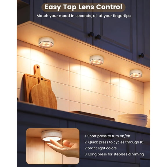 MINSUI-LED Puck Lights with Remote Control & Timer, Battery Operated Under Cabinet Lighting, Warm White & RGB Multi Color Stick on Tap Light for Kitchen Counter, Shelf, Display Case, 2 Pack, White