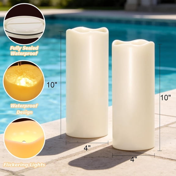 MINSUI-Large Outdoor Solar Flameless Candles Waterproof, 4" x 10", Solar Powered Dusk to Dawn Plastic LED Flickering Pillar Candles for Garden Patio Lanterns Wedding Holiday Decor(2 Pack White)