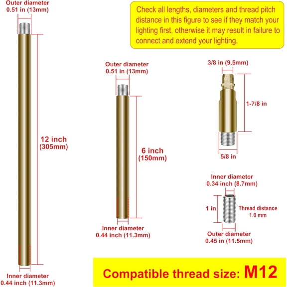MINSUI-M12 Threaded Extension Poles Lighting Fixture Downrods Stems for Pendant Light, Island Lighting, Chandeliers (Brass)