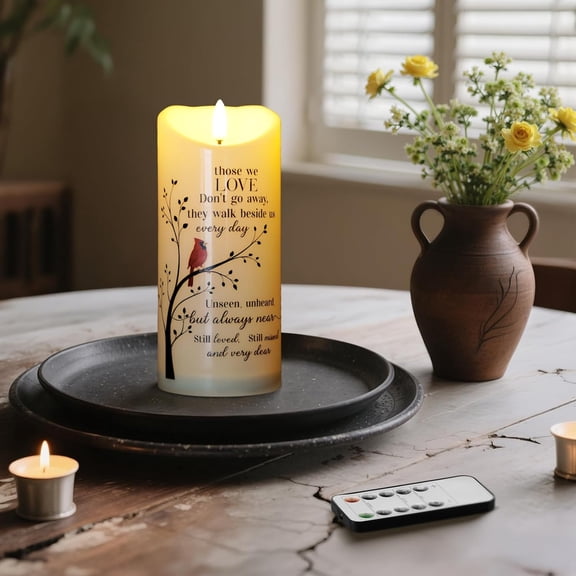 MINSUI-Memorial Flameless LED Pillar Candle with Remote Timer Sympathy Gift for Loss of Loved One Battery Operated Cardinal Tree Remembrance Candle for Funeral Prayers