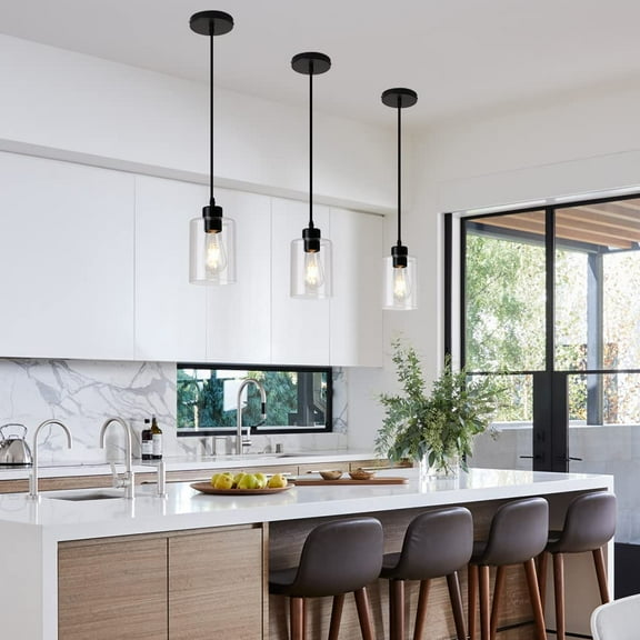 MINSUI-Modern Black Farmhouse Clear Glass Cylinder Pendant Light Fixture,Mini Pendant Lighting for Kitchen Island Decor - 4.75 Inch Shade, 2-58 Inch Cord (Black 3 Pack)