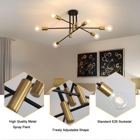 MINSUI-Modern Sputnik Light Fixture, 6-Light Matte Black Flush Mount Ceiling Light, Mid-Century Modern Light Fixture for Bedroom, Dining Room, Living Room, Kitchen
