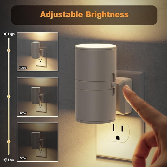 MINSUI-Night Lights Plug into Wall, Dimmable Gray Night Lights with Dusk to Dawn Light Sensor, Soft White 3000K, 0-100LM Adjustable Brightness Nightlight for Hallway Bathroom, 2 Pack
