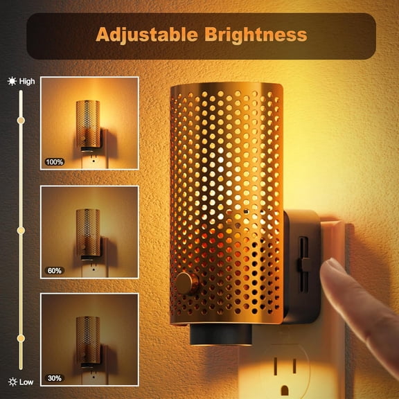 MINSUI-Night Lights Plug into Wall, Pretty Nightlight with Metal Shade, 3000K Warm White 0-100LM Adjustable Brightness, Flames Flickering Night Light for Bathroom Hallway Bedroom