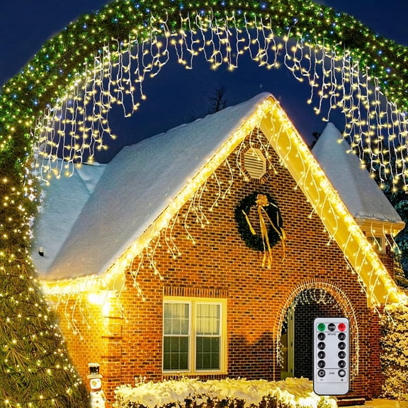MINSUI-Outdoor Icicle Lights,9.8FT String Lights with Remote Timer, Battery Powered Hanging Window Wall Dripping Ice Light for Outside,Waterproof for House Garden Yard Decor(Warm White)