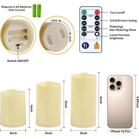 MINSUI-Outdoor Waterproof Flameless Candles, Battery Operated LED Electric Candles with Remote and Timers, Fake Pillar Candle for Patio, Porch, and Wedding Decor, Ivory, Set of 3(3"x4" 5" 6")