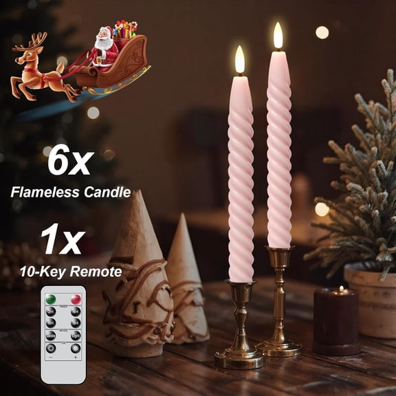 MINSUI-Pink Flameless Taper Candles Real Wax Flickering Pastel with Remote Timer, 3D Wick LED Spiral Candles Battery Operated 6 Pack 9.8 inch, Wedding Birthday Home Party Holiday Dinner Decor