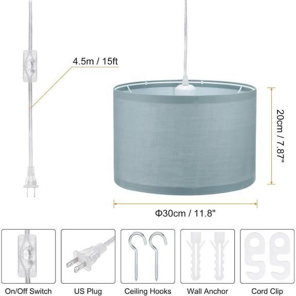 MINSUI-Plug in Pendant Light, 15Ft Rope Cord Hanging Lamp Fixture Gray Blue