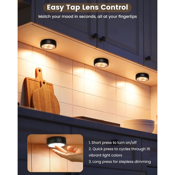 MINSUI-Puck Lights with Remote Control, Battery Operated Wireless LED Under Cabinet Lighting, Warm White & RGB Color Changing Stick on Tap Push Light for Kitchen Counter, Shelf, Closet, 6 Pack, Black