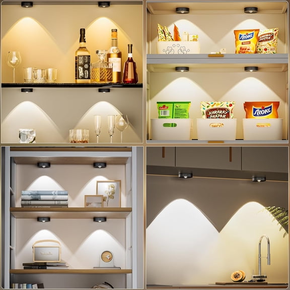 MINSUI-Puck Lights with Remote, Rechargeable Battery Touch Push lights, 3 Colors Led Under Cabinet Lighting, 1500mAh Wireless Tap light, Stick on Closet Light for Kitchen, Pantry, Shelves (Black 6 Pa
