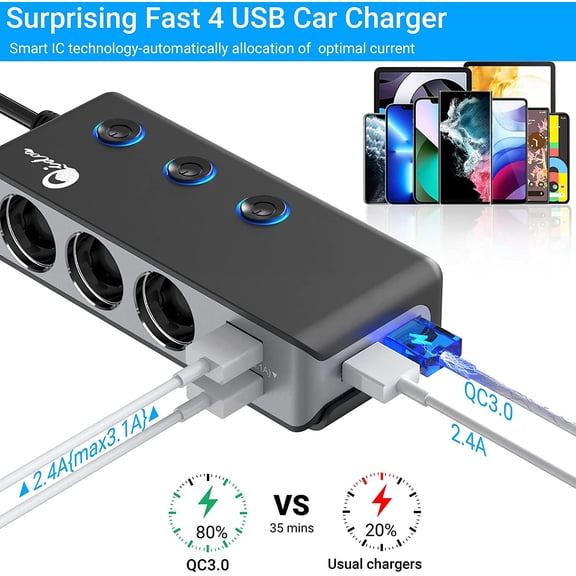 MINSUI-Quick Charge 3.0 Cigarette Lighter Splitter, 3 Socket 180W Cigarette Lighter Adapter with 4 USB Fast Charging, DC 12V/24V Cigarette Outlet LED Voltmeter Independent Button for All Car Devices