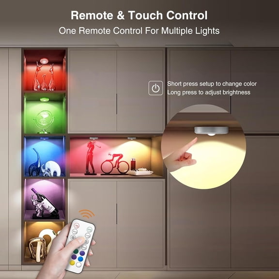 MINSUI-RGB Puck Lights with Remote Control, 2000mAh Rechargeable Stick on Led Lights, 9 Colors & 2 Dynamic, Tap Light with Timing,Under Cabinet Lighting for Closet,Kitchen,Cabinet,Shelf(Silver, 3 Pac