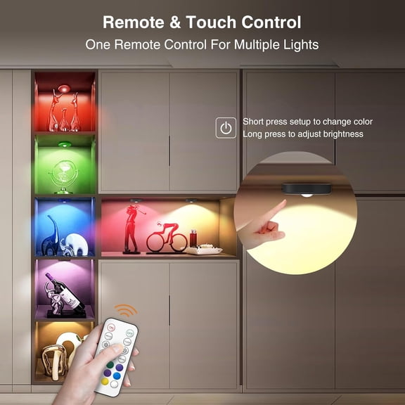 MINSUI-RGB Puck Lights with Remote Control, 2000mAh Rechargeable Stick on Led Lights, 9 Colors & 2 Dynamic, Tap Light with Timing,Under Cabinet Lighting for Closet,Kitchen,Cabinet,Shelf(Black, 3 Pack