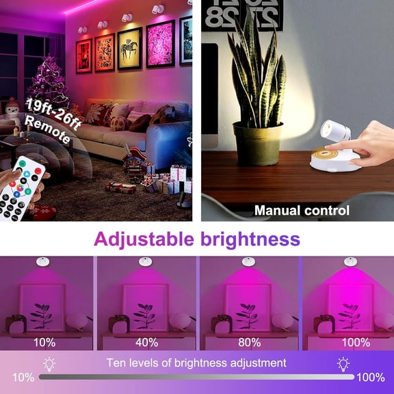 MINSUI-RGB Spotlight with Remote Control Set of 2, 16 Colors Changing Lights and 10 Brightness Levels Adjustable 180 Rotation 4 Flash Modes Dimmable Timer Function Battery Powered for Home