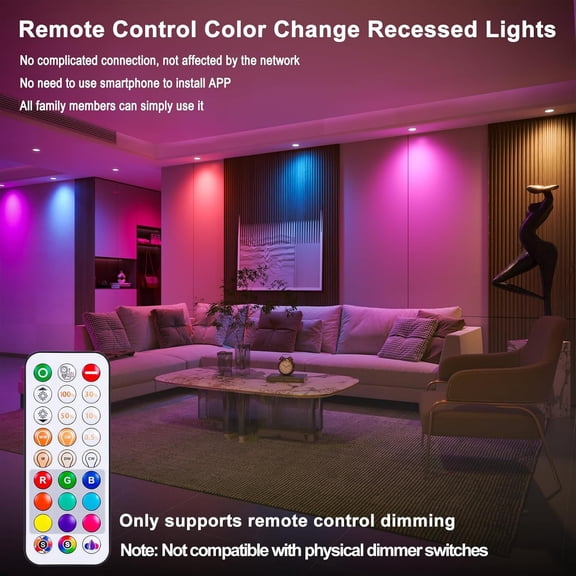 MINSUI-Recessed Lighting 4 Inch RGBCW Color Changing Canless LED Recessed Ceiling Light with Junction Box,12W 1080LM LED Downlight Dimmable by Remote Control, Memory, 3 Modes, Delayed Light Off, 12Pa