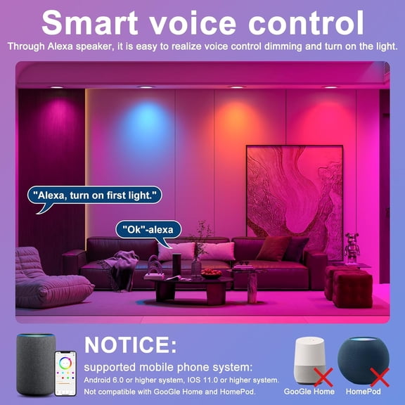 MINSUI-Recessed Lighting 6 Inch RGBCW Color Changing Smart Recessed Ceiling Lights 16W 1350LM LED Downlights Dimmable by Alexa & APP, 2700K-6500K,16 Million Colors - DIY Scenes - Timer - 23 Modes (12