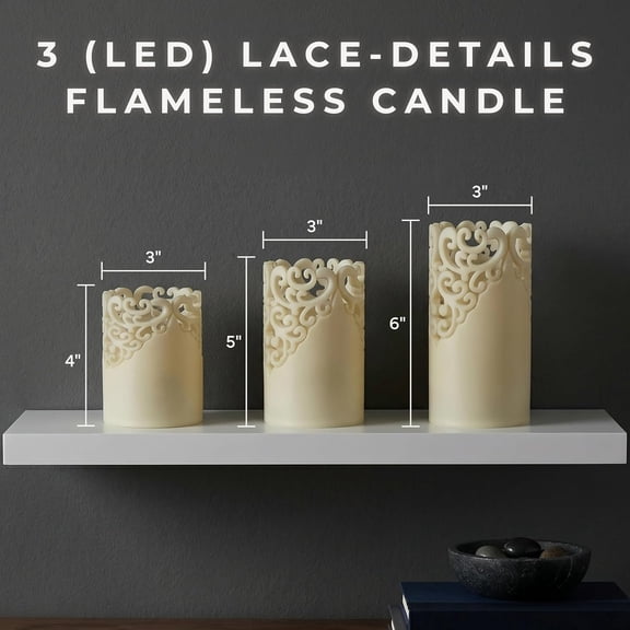 MINSUI-Remote Control LED Candles - Set of 3 Battery-Operated Realistic Flameless Pillars with Lace Details and Vanilla-Scented Wax by