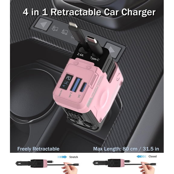 MINSUI-Retractable Car Charger, 4 in 1 Retractable Phone Charger with 66W Fast Charging, 2 Retractable Cables and 2 USB-C USB-A Por, Cute Girly Car Accessories for iPhone 17/16/15/14/13/12, Samsung,