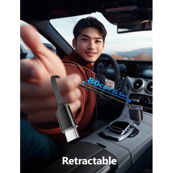 MINSUI-Retractable Car Charger with Starlight, 66W Starlight in Car roof 4 in 1 Retractable Car Phone Charger Adapter, Fast Charging USB C Cable, Compatible with iPhone 17/16/15/14/13/12
