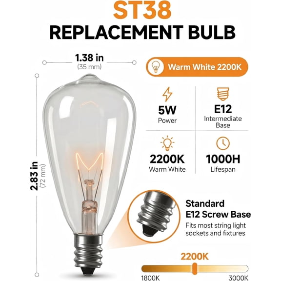 MINSUI-ST38 Edison Replacement Light Bulbs, 7W Clear Glass String Lights for Outdoor Patio Garden Wedding Decor, C7/E12 Screw Base, 10 Pack