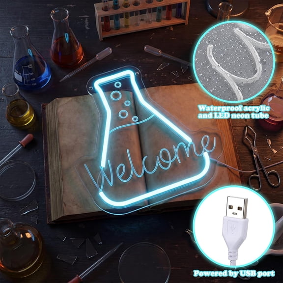 MINSUI-Science Welcome Neon Sign Science Beaker Chemistry Dimmable Classroom Neon Light for Wall Hanging Decor Doorway Sign for Laboratory LED Light Wall Decor Back to School Gifts Teachers Students