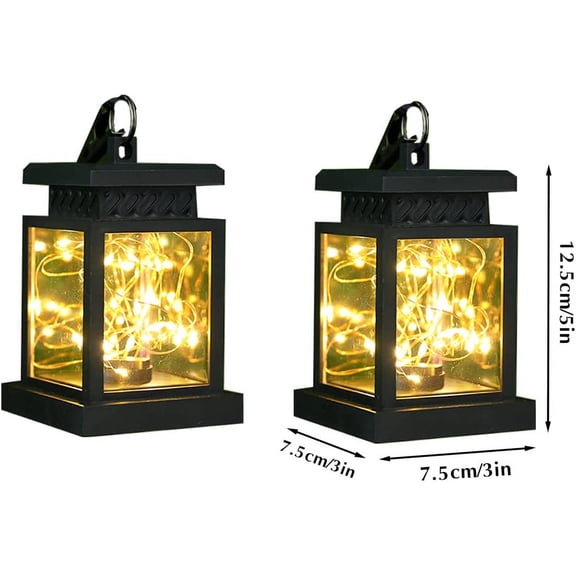 MINSUI-Set of 2 Black Solar Lanterns Outdoor Waterproof Solar Powered Table Lamp 5" H Hanging Lanterns with Warm LED Fairy String Lights for Patio Garden Landscape Decoration Yard Lawnwith Clamp
