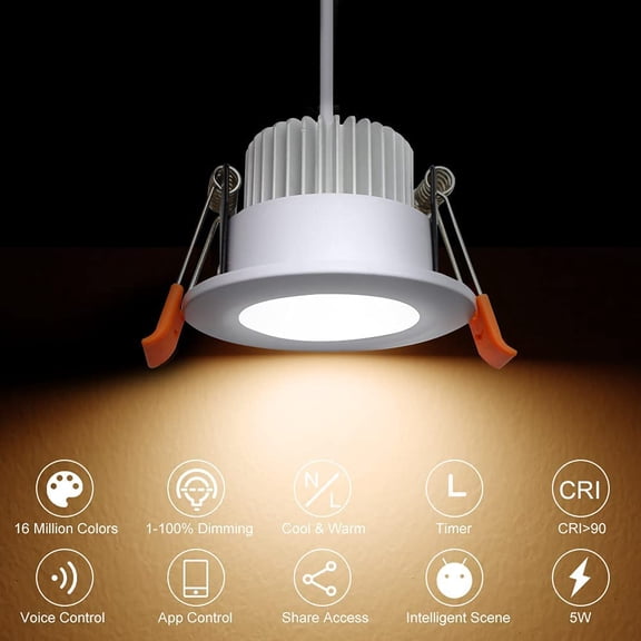 MINSUI-Smart 2 Inch LED Recessed Lighting RGB WiFi Downlight, 5W Compatible with Alexa and Google Home, Dimmable RGB & CCT 2700-6500K Color Changing, 120V LED Ceiling Light with Driver (1 Pack)