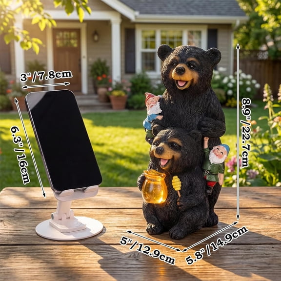 MINSUI-Solar Garden Statues Bear Decor, Bear Statue with Glowing Honey Jar and Gnomes for Patio Balcony Lawn Yard Decorations, Outdoor Birthday Housewarming Gifts for Women, Mom