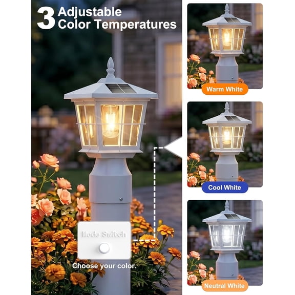 MINSUI-Solar Lamp Post Light with Edison Bulb, 3-Color Temperature, Dusk to Dawn Lamp Post Light, ABS Waterproof, 3" Round Post/Pole Light(Flat Base not Included), White, 1 Pack