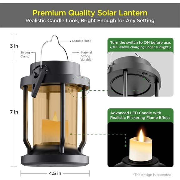 MINSUI-Solar Lantern Outdoor & Indoor Use  Hanging Solar Lights with Realistic Flickering Flameless Candle, Weatherproof for Gardens, Patios, Trees, and Lawns (Black + Amber, 2 Pack)