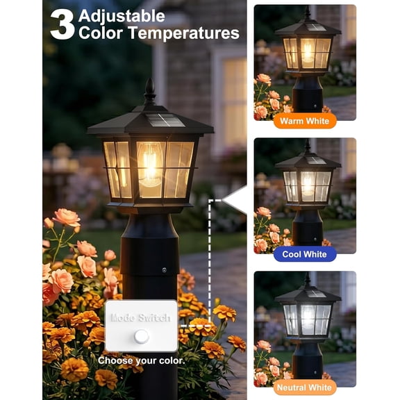 MINSUI-Solar Post Lights Outdoor with Edison Bulb, 3-Color Temperature, Dusk to Dawn Lamp Post Light, ABS Waterproof, 3" Round Post/Pole Light(Base not Included), 1 Pack Black