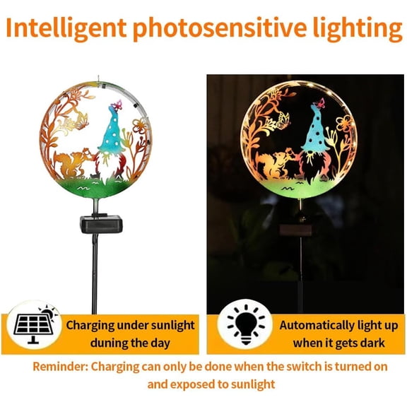 MINSUI-Solar Powered Squirrel elf Light, Garden Decoration forging Iron Art Beautiful Squirrel and elf Ground lamp, Wireless Dusk to Dawn LED Landscape Light Waterproof.