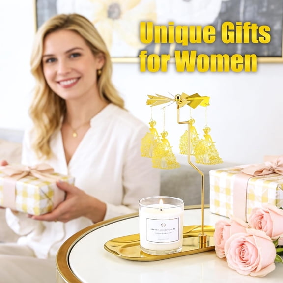 MINSUI-Spinning Candle Holder with Tray for Women - Unique Gift for Her, Mom & Grandma, Carousel Candle Dish for Tabletop, Entryway Table & Living Room Decor (Gold, Queen)
