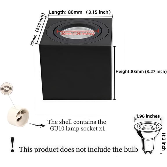 MINSUI-Square GU10 downlight housing - can install 50mm bulbs. Side length3.15-inchHeight: 3.27 inch ceiling light frame, surface-mounted spotlight housing, adjustable lighting Angle (Square - black)